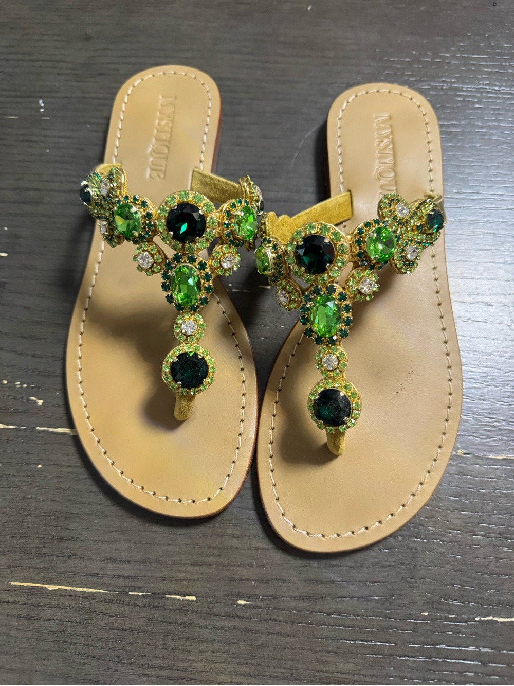 Mystique Beaded Green Gem Thong Sandals - fits 8.5 to 9 women’s